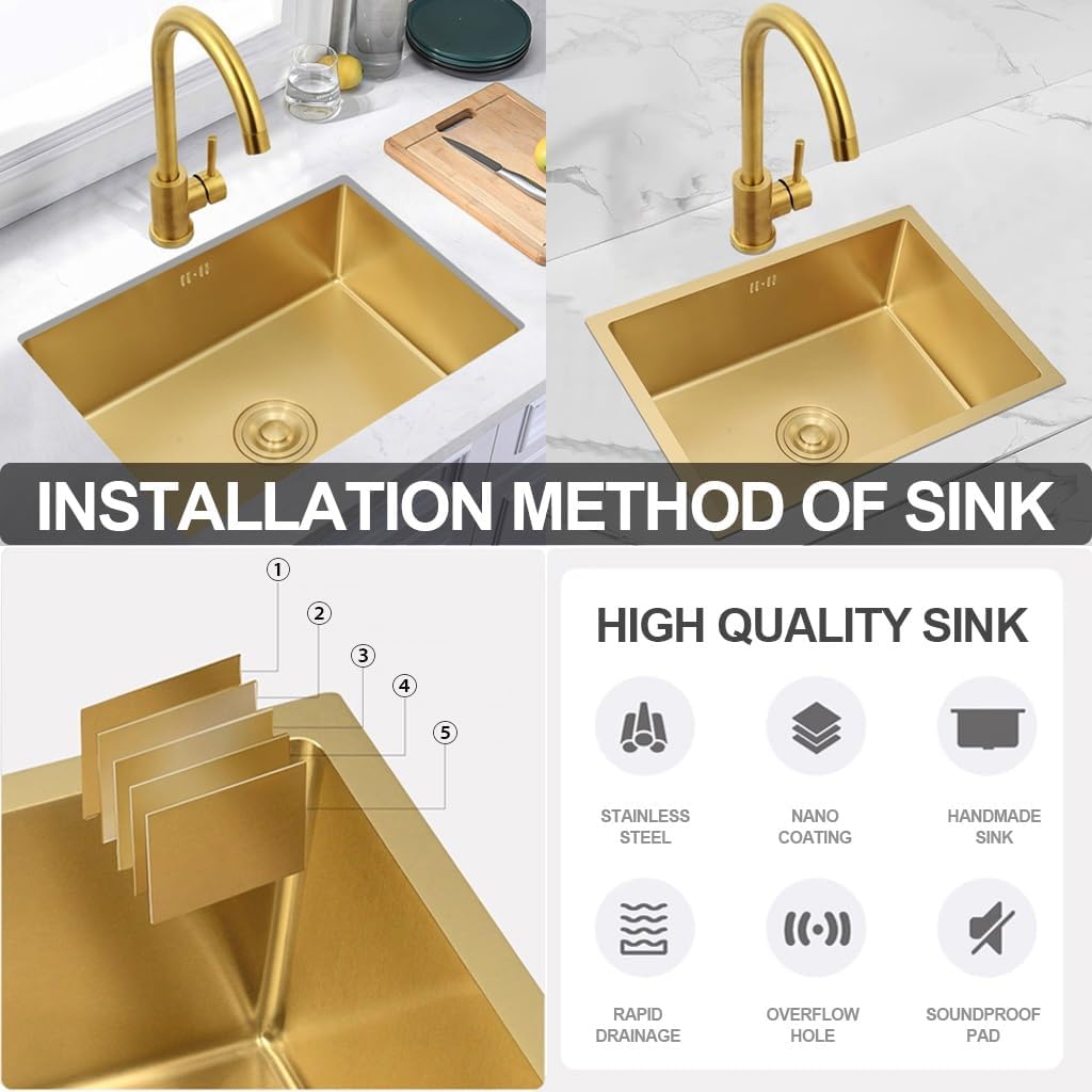 304 Stainless Steel Kitchen Sink Gold Nano Single Bowl Bar Sink Multi-Functional Household RV Sink with Large Bend Faucet & Drainage Component (Color : Gold, Size : 45x45x21cm) (Gold 36x36x21cm)