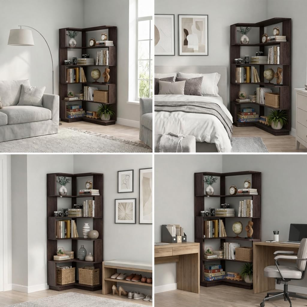 5 Tier Corner Bookshelf, Freestanding L-Shaped Wooden Bookcase with Open Shelves, Anti-Fall Panels and Anti-Tipping Device for Living Room, Home Office (Ox Blood Red with Right Extension)