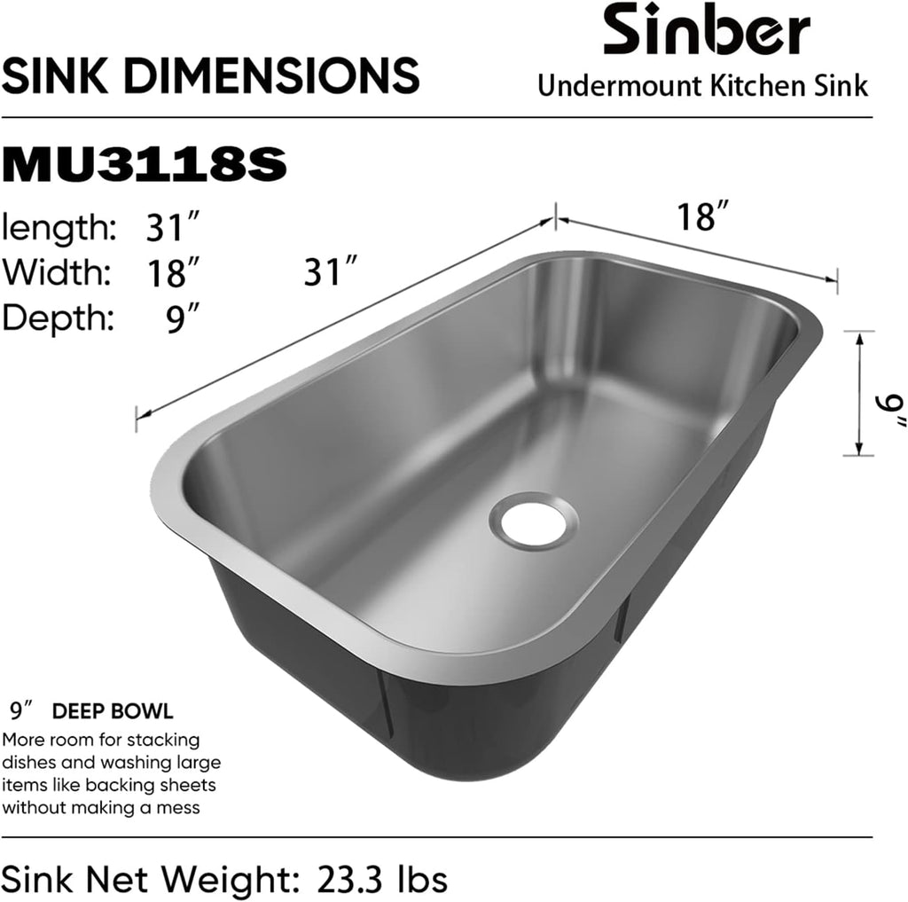Sinber MU3118S 31' x 18' x 9' Undermount Single Bowl Kitchen Sink with 18 Gauge 304 Stainless Steel Satin Finish (Sink Only)