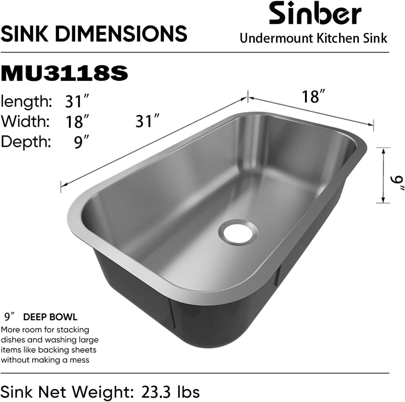 Sinber MU3118S 31' x 18' x 9' Undermount Single Bowl Kitchen Sink with 18 Gauge 304 Stainless Steel Satin Finish (Sink Only)