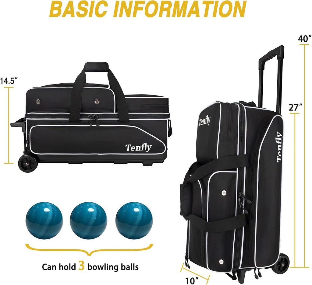 Triple Roller Bowling Bag with Wheels, Heavy Duty 3 Ball Bag for League & Recreational Bowlers