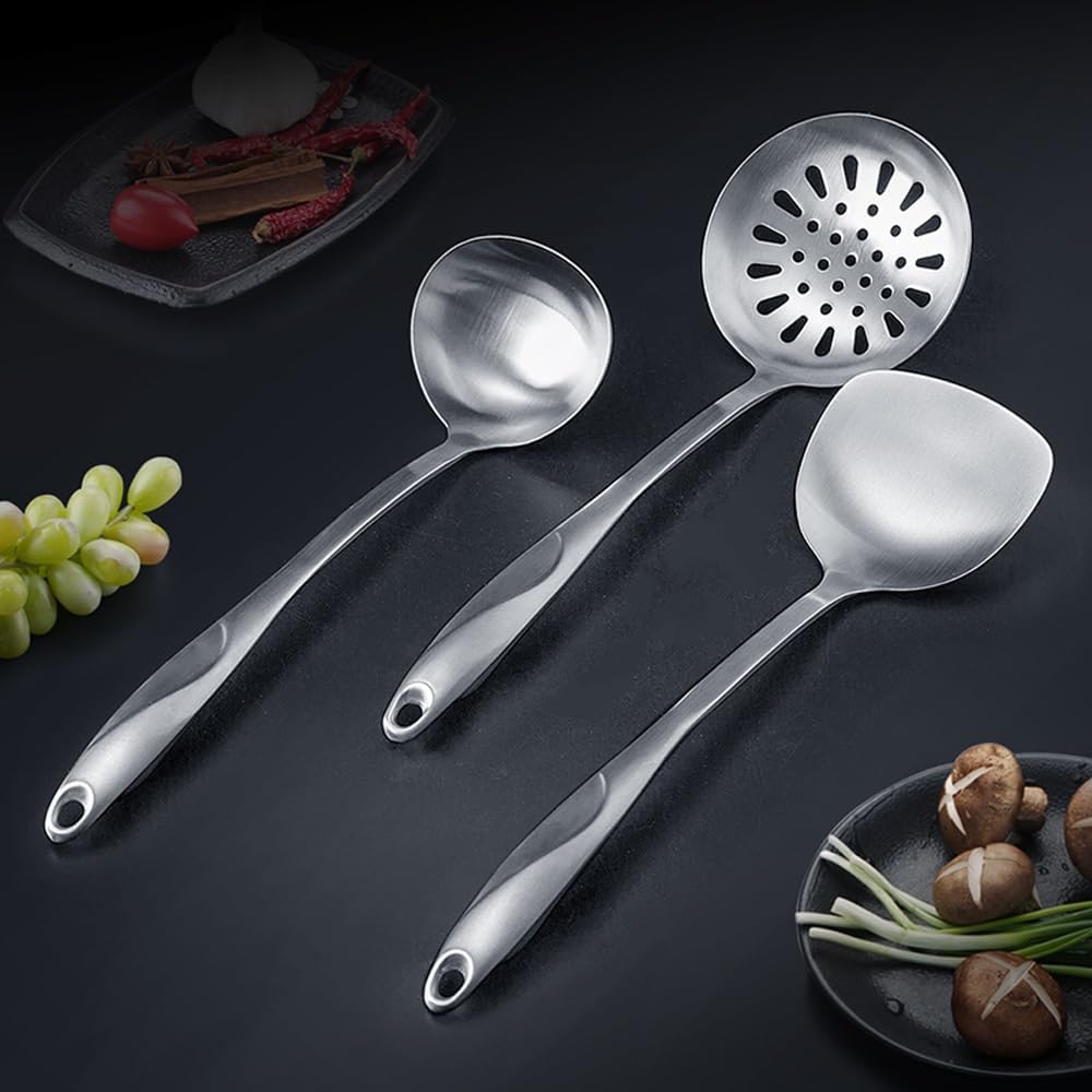Stainless Steel Cooking Utensils Set with Holder, 5-Pieces All Metal Kitchen Utensils, Kitchen Tools with Countertop Rotating Stand