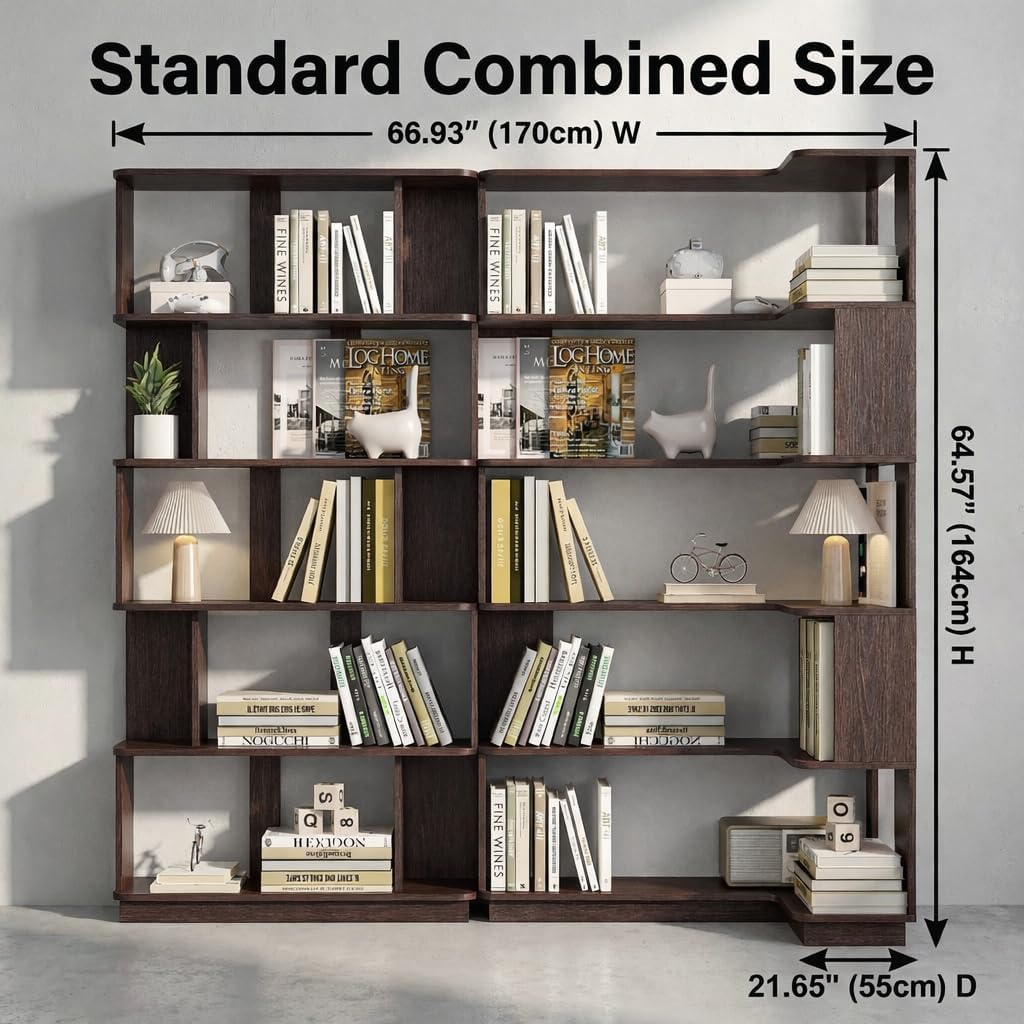 Corner Bookshelf, L Shaped, Set of 2, Ox Blood Red | Modular Geometric Design, Large Storage Display, Freestanding Wooden Unit, For Living Room Home Office
