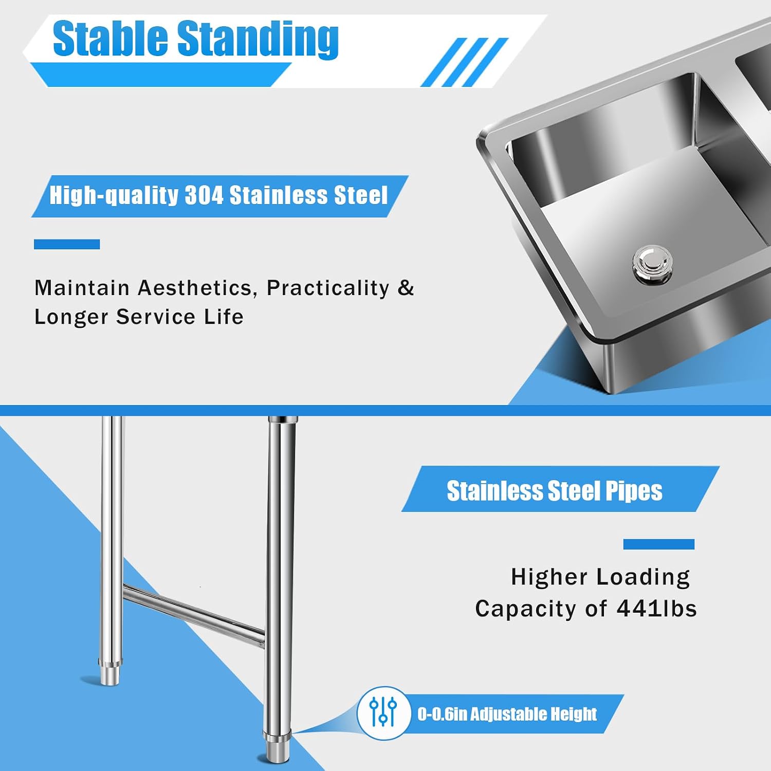 3 Compartment Commercial Sink, Free Standing 304 Stainless Steel Restaurant Sink - Triple Bowl for Kitchen Food Truck Restaurant, 441lbs