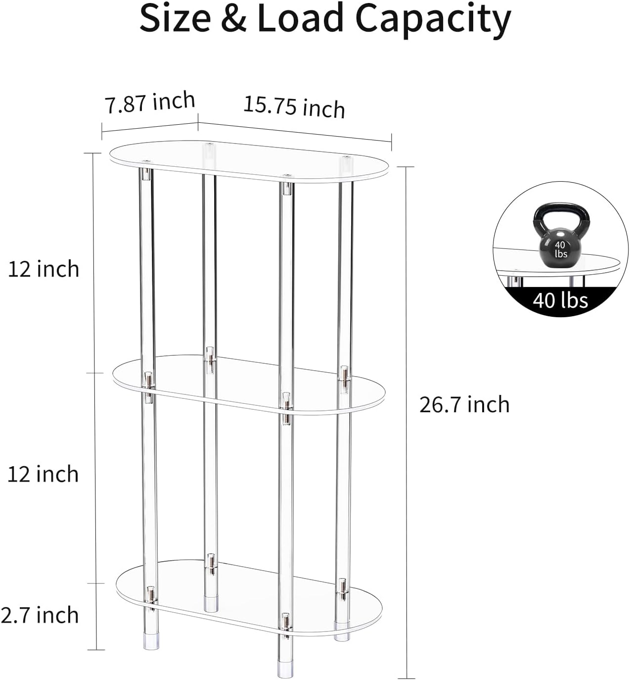 Clear Acrylic Narrow Side Table Set of 2 for Small Spaces, 15.75' L x 7.87' W x 26.7' H, 3 Tier Oval Slim End Table Nightstand, Small Minimalist Skinny Bedside Table for Bedroom, Living Room