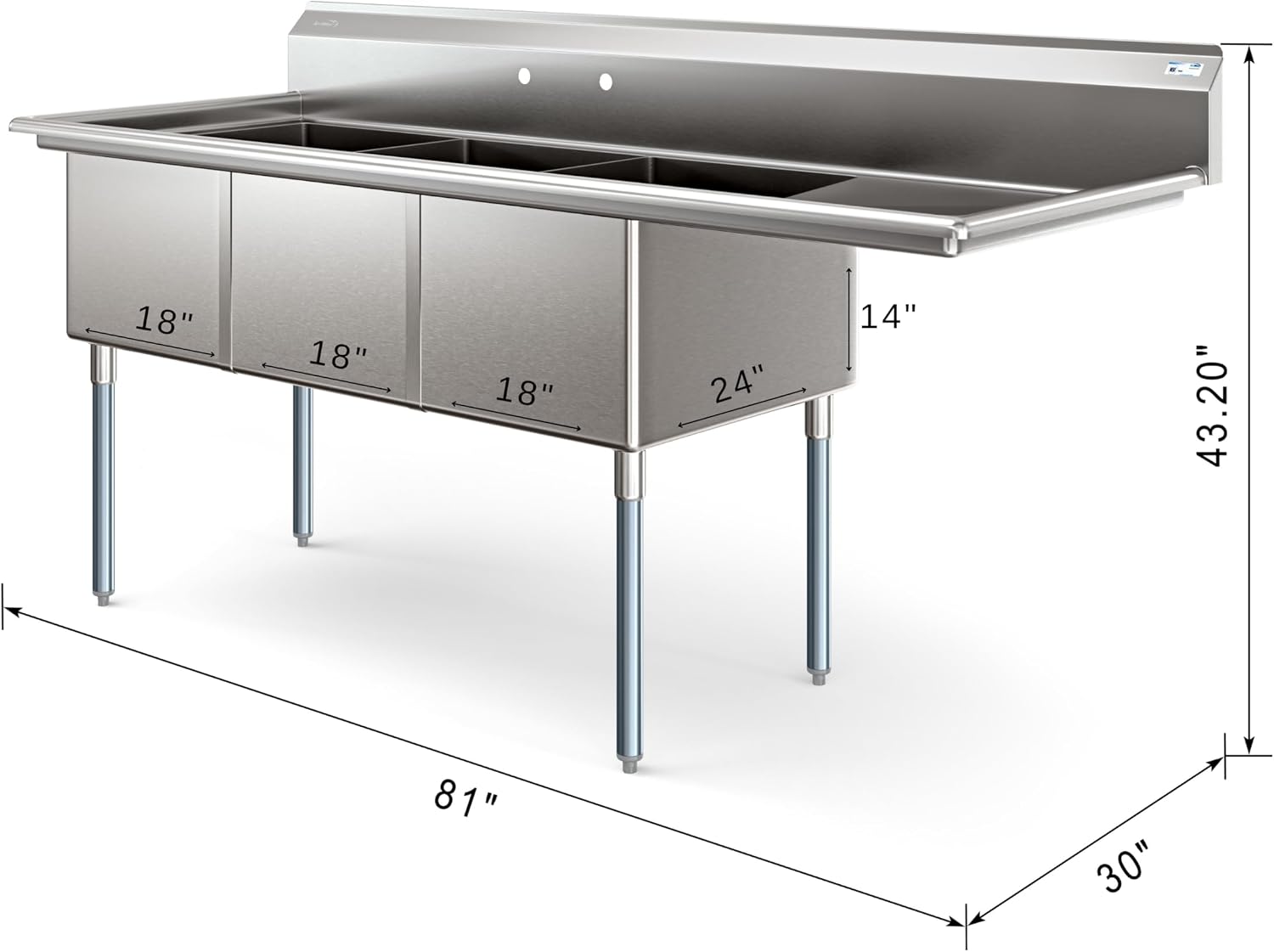 KoolMore 81 in. Three Compartment 18-Gauge Stainless-Steel NSF Commercial Kitchen Sink, Bowl Size 18x24x14, with Three Basins and Pre-Drilled Faucet Holes with Right Drainboard (KM-SC182414-24R3)
