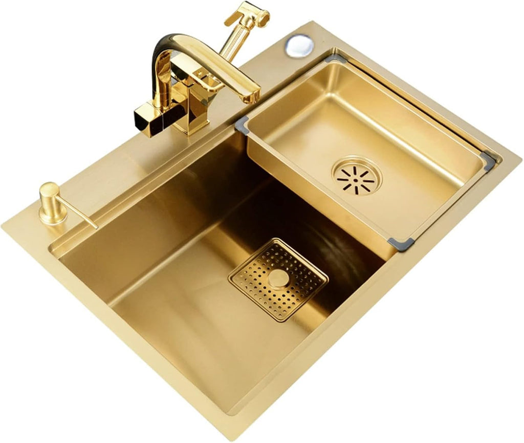 Kitchen Sink Gold, Single Bowl Kitchen Sinks Drop in 304 Stainless Steel Kitchen Sink with Tap, Soap Dispenser and Water Filter,with Mounting Accessories,80(