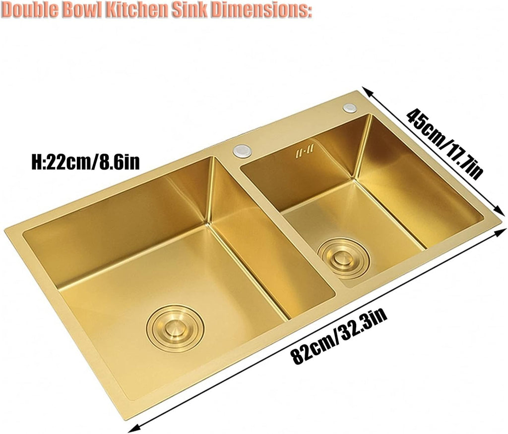 Kitchen Sink Large Gold Double Bowl Bar Sink Household 304 Stainless Steel Handmade RV Sink with Drain Assembly Drop in Or Undermount (Color : Gold, Size : 82x45x22cm) (Gold 82x45x22cm)