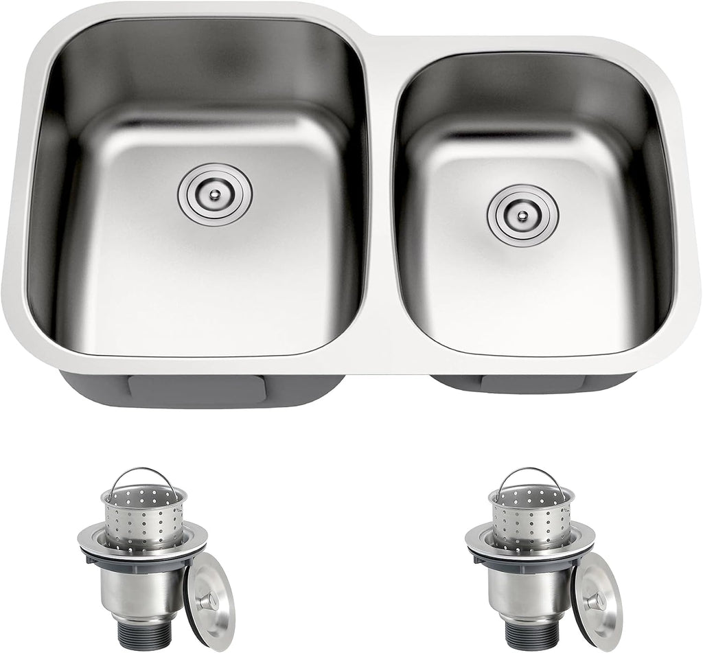 32 Inch Undermount 60/40 Double Bowl Kitchen Sink, 18 Gauge 304 Stainless Steel Commercial Grade Satin Finish Kitchen Sinks with Strainer, 32' x 20' x 9'