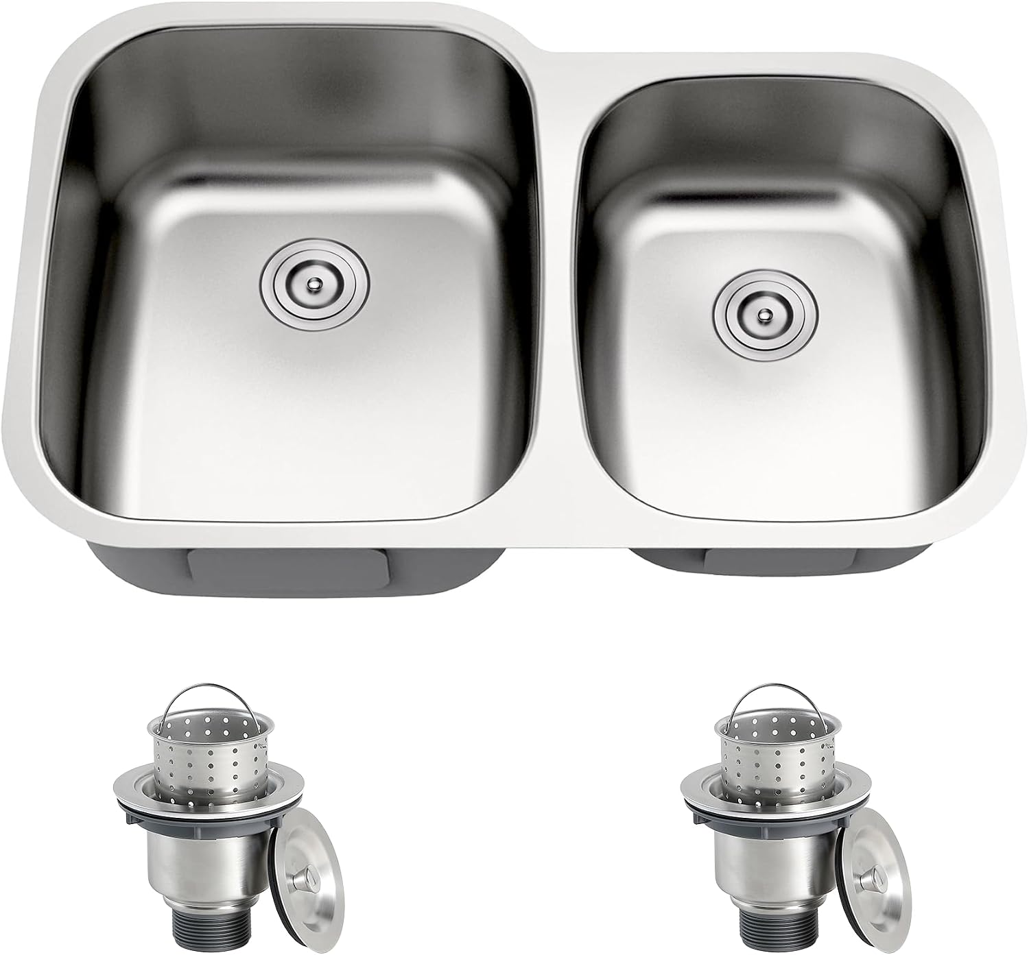 32 Inch Undermount 60/40 Double Bowl Kitchen Sink, 18 Gauge 304 Stainless Steel Commercial Grade Satin Finish Kitchen Sinks with Strainer, 32' x 20' x 9'