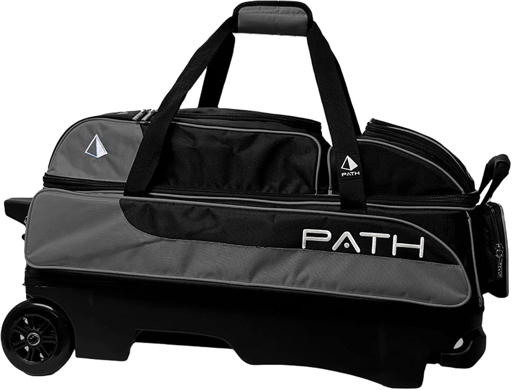 Pyramid Path Triple Premium Deluxe Roller Bowling Bag With Extra Large Separate Shoe Compartment (Up To US Mens Size 16) and 5 Accessory Pockets, 5' Wheels, Retractable Locking Handle - Extends to 42'