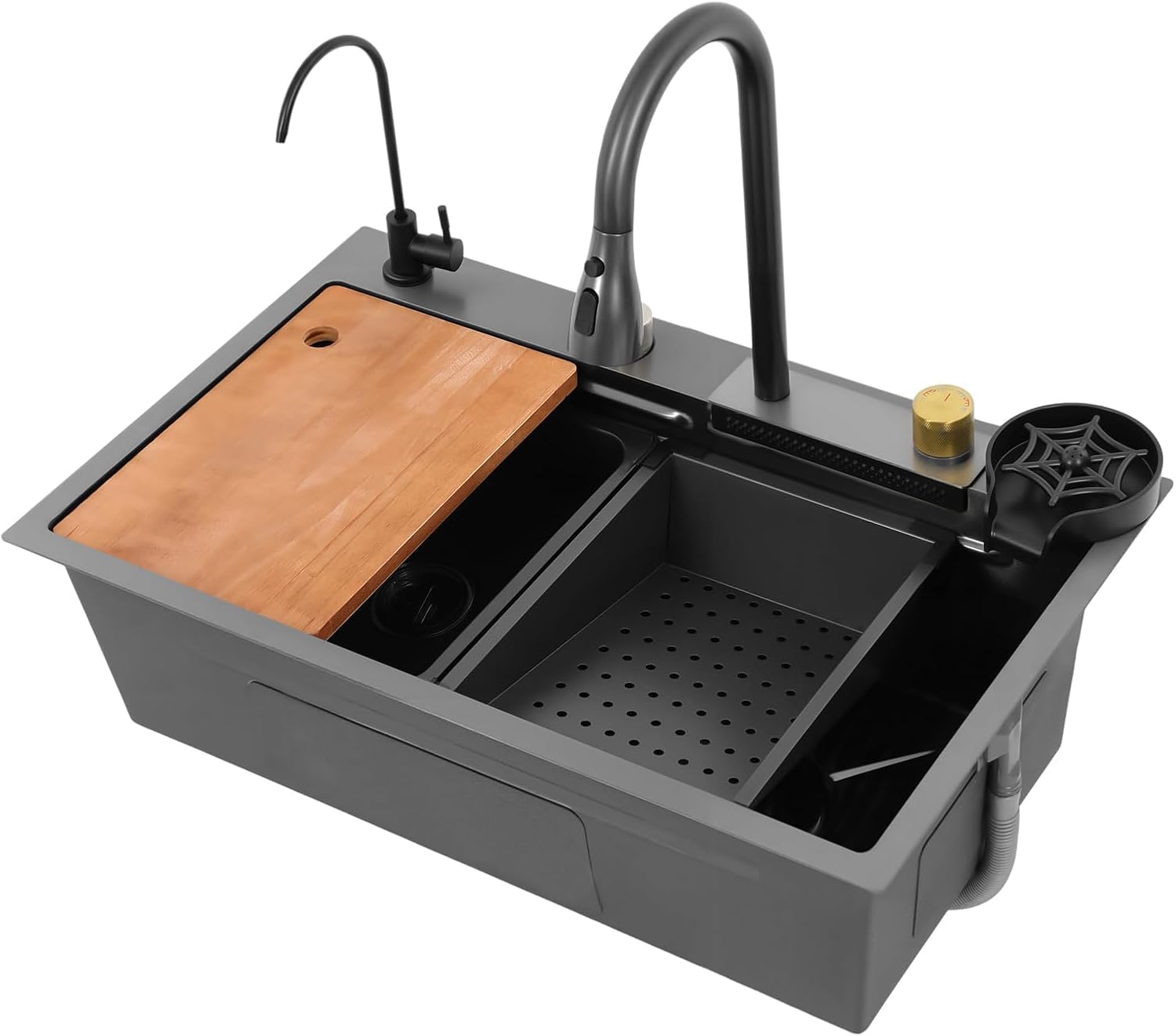 Kitchen Sink Drop in, Multi-Function Waterfall, Raindance Professional Countertop Single Bowl Kitchen Sink Stainless Steel Washbasin with High Pressure Pull-Out Faucet 75 * 45cm