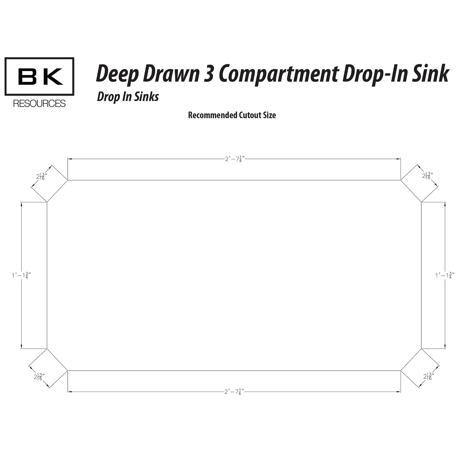 BK Resources NSF Commercial 3 Compartment Drop in Sink Faucet, 10'x14'x10' Bowl Size, 18 Gauge T-304 Stainless Steel, Top Mount, 8' Gooseneck Faucet, Seamless Deep Drawn Construction