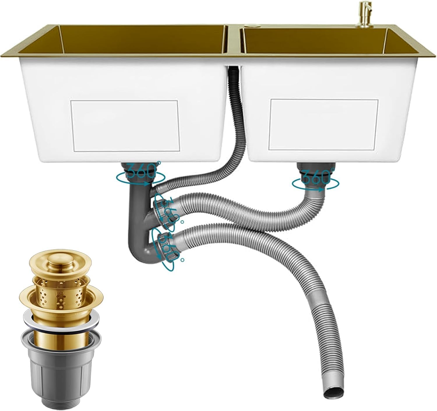 Gold Double Bowl Kitchen Sink, Stainless Steel Nano-Coated, Double Basin Sink, Drop-in Undermount with Gold Sink Stopper Drain Strainer 80 * 45cm
