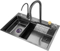 Black Nano Single Bowl Kitchen Sink 304 Stainless Steel Waterfall Bar Sink Multi-Purpose Handmade Sink Rv Sink with Pull-Out Faucet and Drainage Components Top Mount Or Undermount (Blacka 75x45x2
