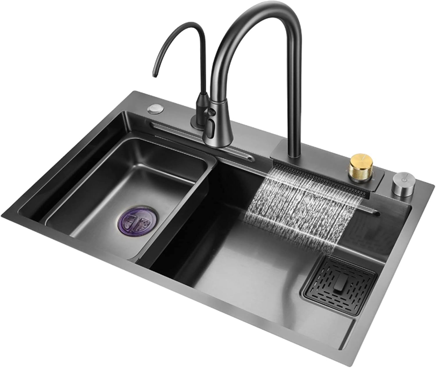 Black Nano Single Bowl Kitchen Sink 304 Stainless Steel Waterfall Bar Sink Multi-Purpose Handmade Sink Rv Sink with Pull-Out Faucet and Drainage Components Top Mount Or Undermount (Blacka 75x45x2