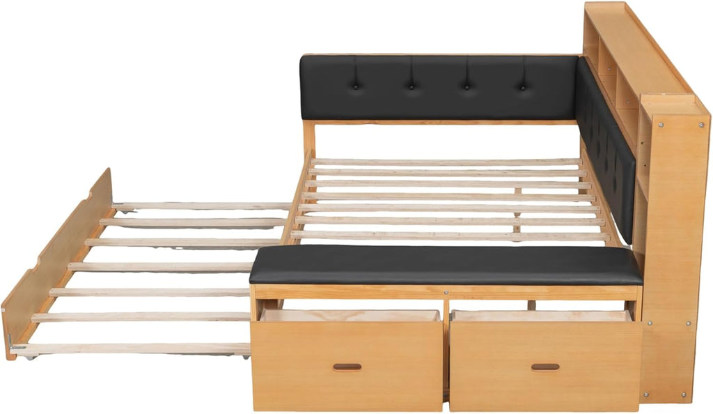 SOFTSEA Full Size Daybed with Trundle, Storage & Charging Station, Wooden Corner Daybed Frame with Upholstered Headboard & Bench for Bedroom or Apartment, No Box Spring Needed, Natural