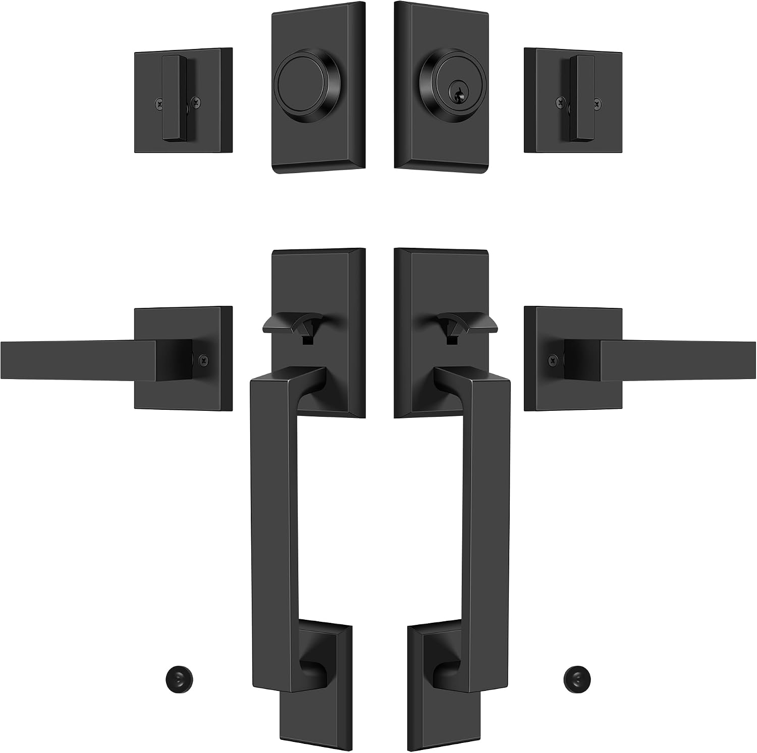Double Front Door Lock Set, Keyed Entry Front Door Handleset with Dummy, Square Heavy Duty Door Lever and Single Cylinder Deadbolt Combo, Matte Black
