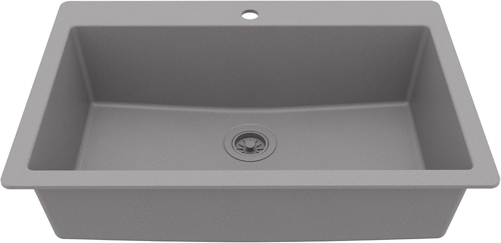 Karran 33' Drop-In Top Mount Quartz Composite Single Bowl Kitchen Sink in Grey – Extra Deep 9' Basin, Heat Resistant, Sound Dampening, Easy Clean Surface