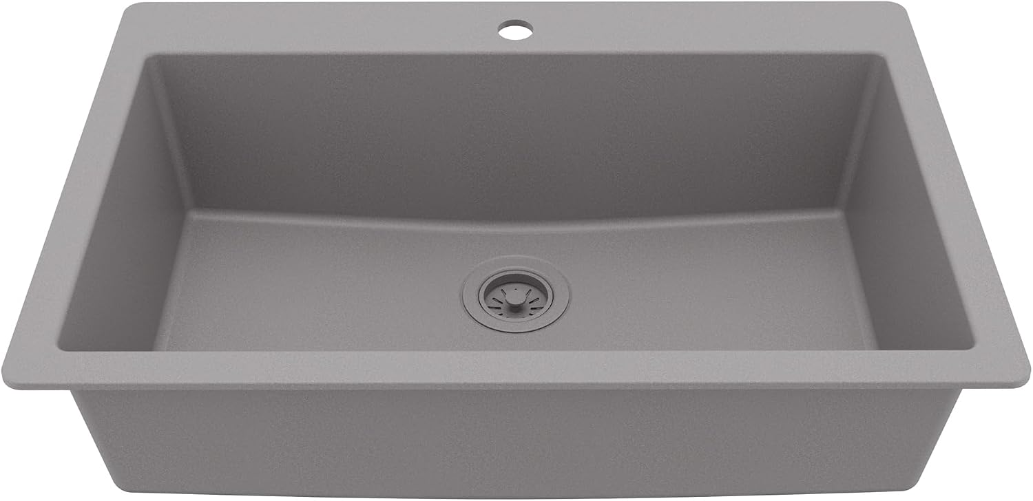 Karran 33' Drop-In Top Mount Quartz Composite Single Bowl Kitchen Sink in Grey – Extra Deep 9' Basin, Heat Resistant, Sound Dampening, Easy Clean Surface