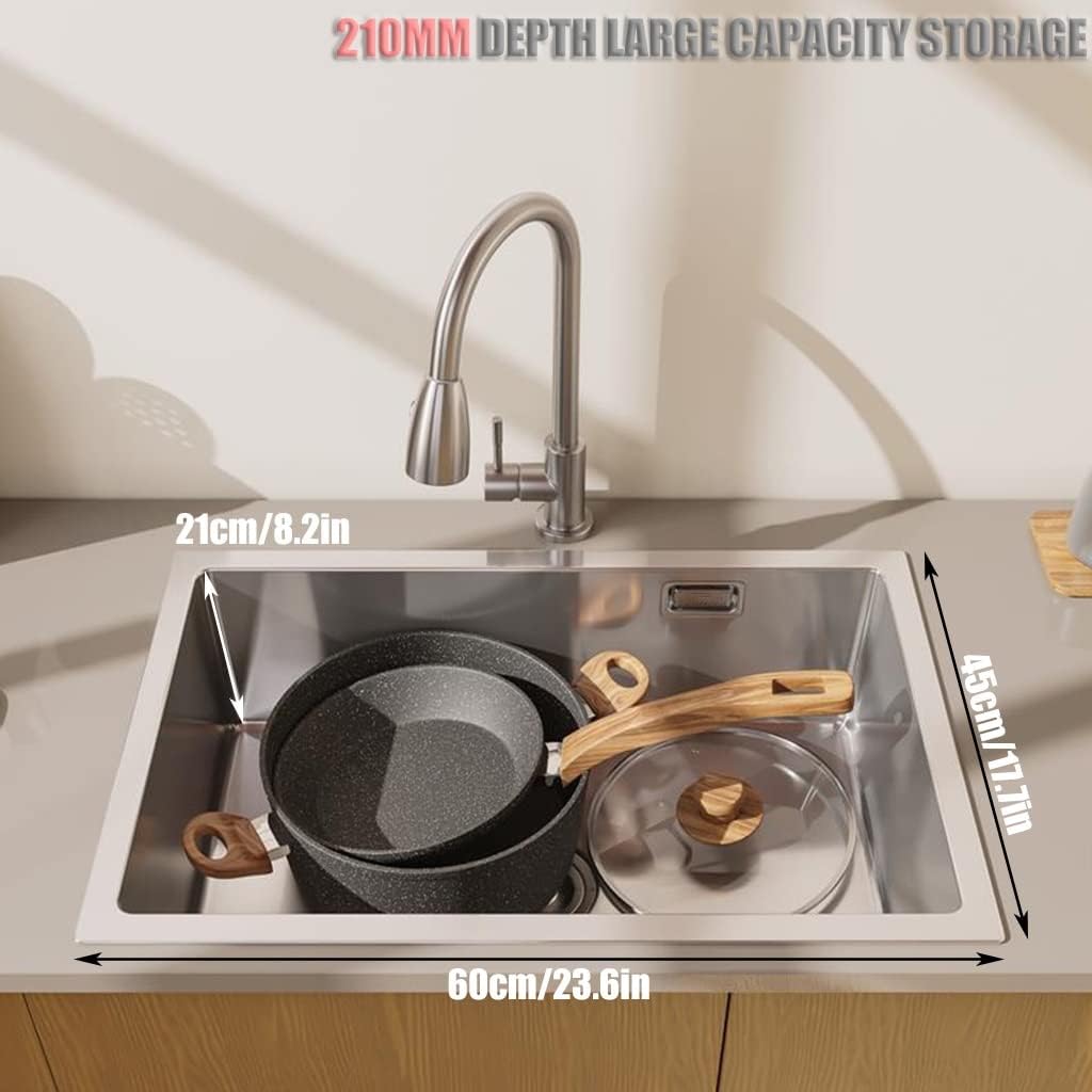 Kitchen Sinks, Sussingle Bowl Kitchen Sink Brushed Bar Prep Sink Rv Sink Laundry Tub for Indoor Outdoor with Faucet & Drain Assembly Drop in or Undermount (A-60 * 45 * 21Cm