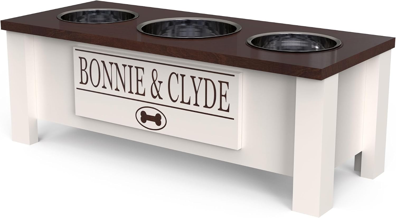GTW Elevated 3 Bowl Dog Feeding Station - Customized Triple Stand for Medium Size Dog Breeds - Includes Storage & Stainless Steel Bowls (Medium, Brown)