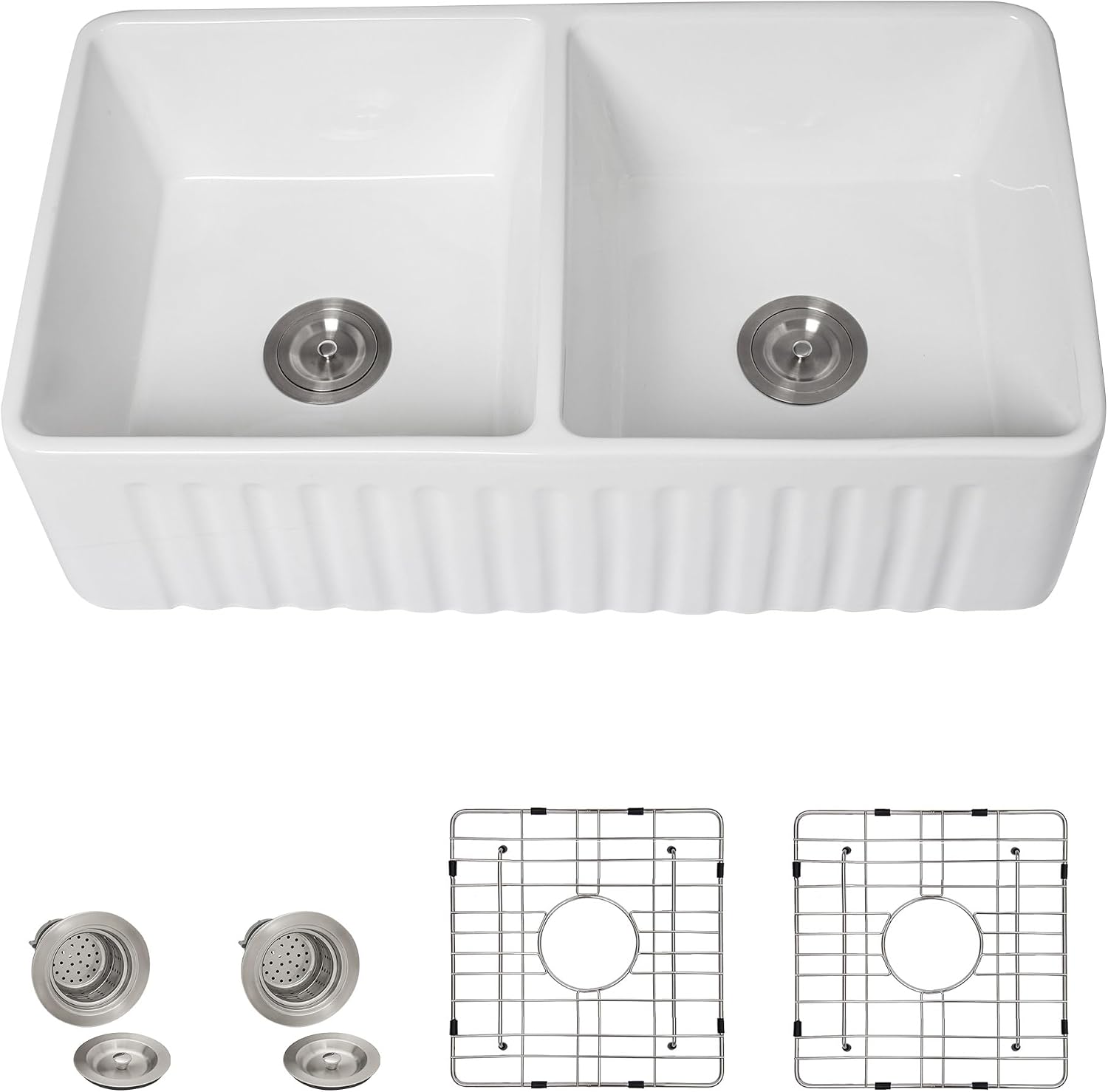 33 White Farm Sink Double Bowl - Fulorni 33'×18' Farmhouse Kitchen Sink Reversible Apron Front Double Bowl 50/50 Ceramic Porcelain Fireclay Farmer Style Basin