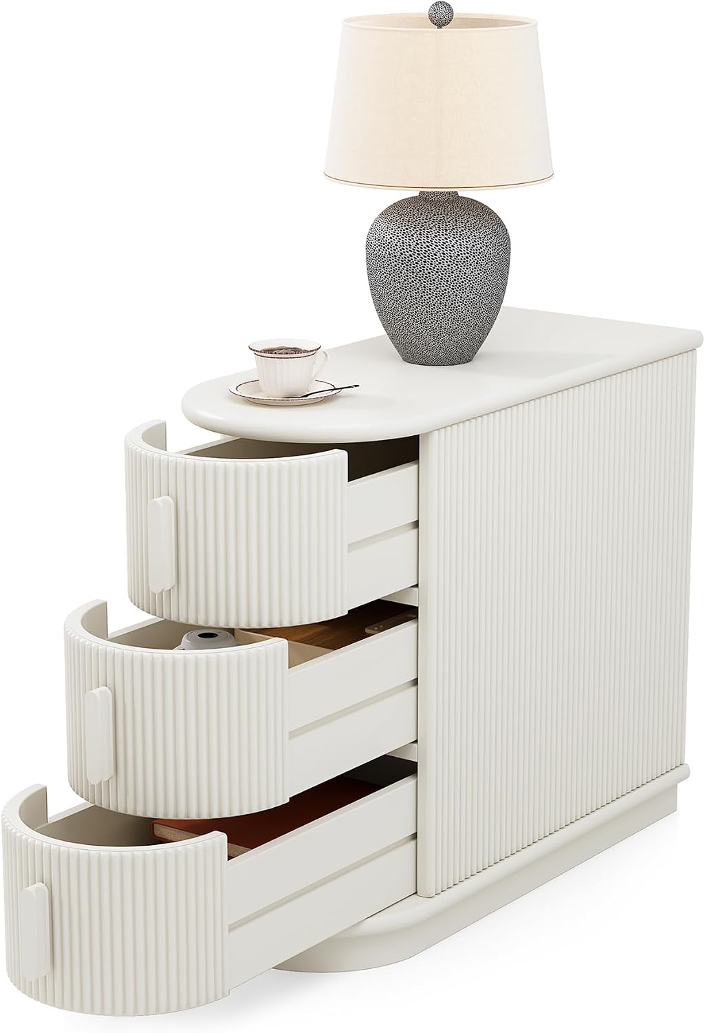 LITTLE TREE End Table with 3 Drawers, No Assembly Required & Closed Back Side Table, Mid-century Modern Sofa Side Table, White Side End Table for Living Room, Slim Nightstand Bedside Table for Bedroom