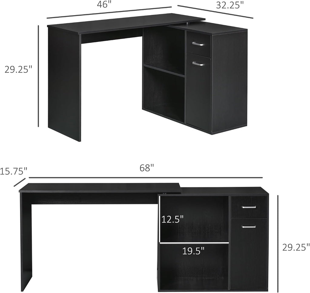 HOMCOM L Shaped Computer Desk, 180° Rotating Corner Desk with Storage Shelves, Drawer and Cabinet, Study Workstation for Home Office, 47.25'x19.75'x 53.75', Black