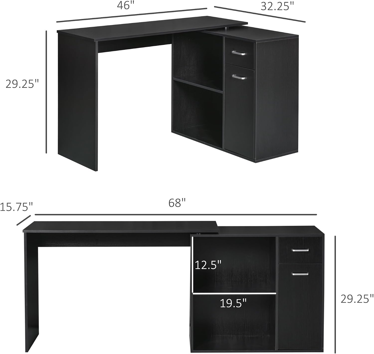 HOMCOM L Shaped Computer Desk, 180° Rotating Corner Desk with Storage Shelves, Drawer and Cabinet, Study Workstation for Home Office, 47.25'x19.75'x 53.75', Black