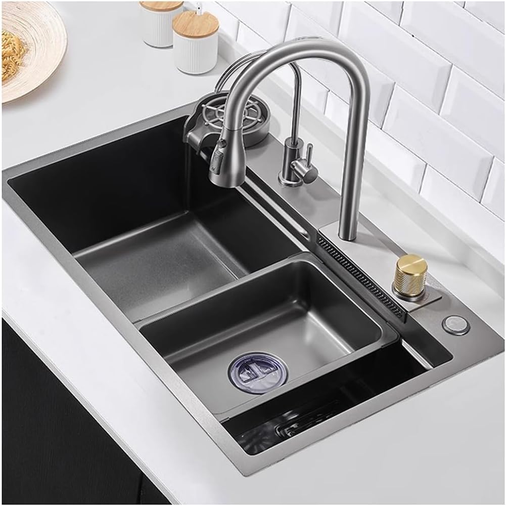 Stainless Steel Waterfall Sink Multi-functional Single Bowl Kitchen Sink Nano-Coated Workstation Sink with Pull-Out Faucet,Knob,Drain Basket,Cup Washer (Color : Black-Grey, Size : 68x45x22cm) (Bla