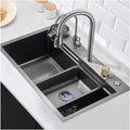 Stainless Steel Waterfall Sink Multi-functional Single Bowl Kitchen Sink Nano-Coated Workstation Sink with Pull-Out Faucet,Knob,Drain Basket,Cup Washer (Color : Black-Grey, Size : 68x45x22cm) (Bla