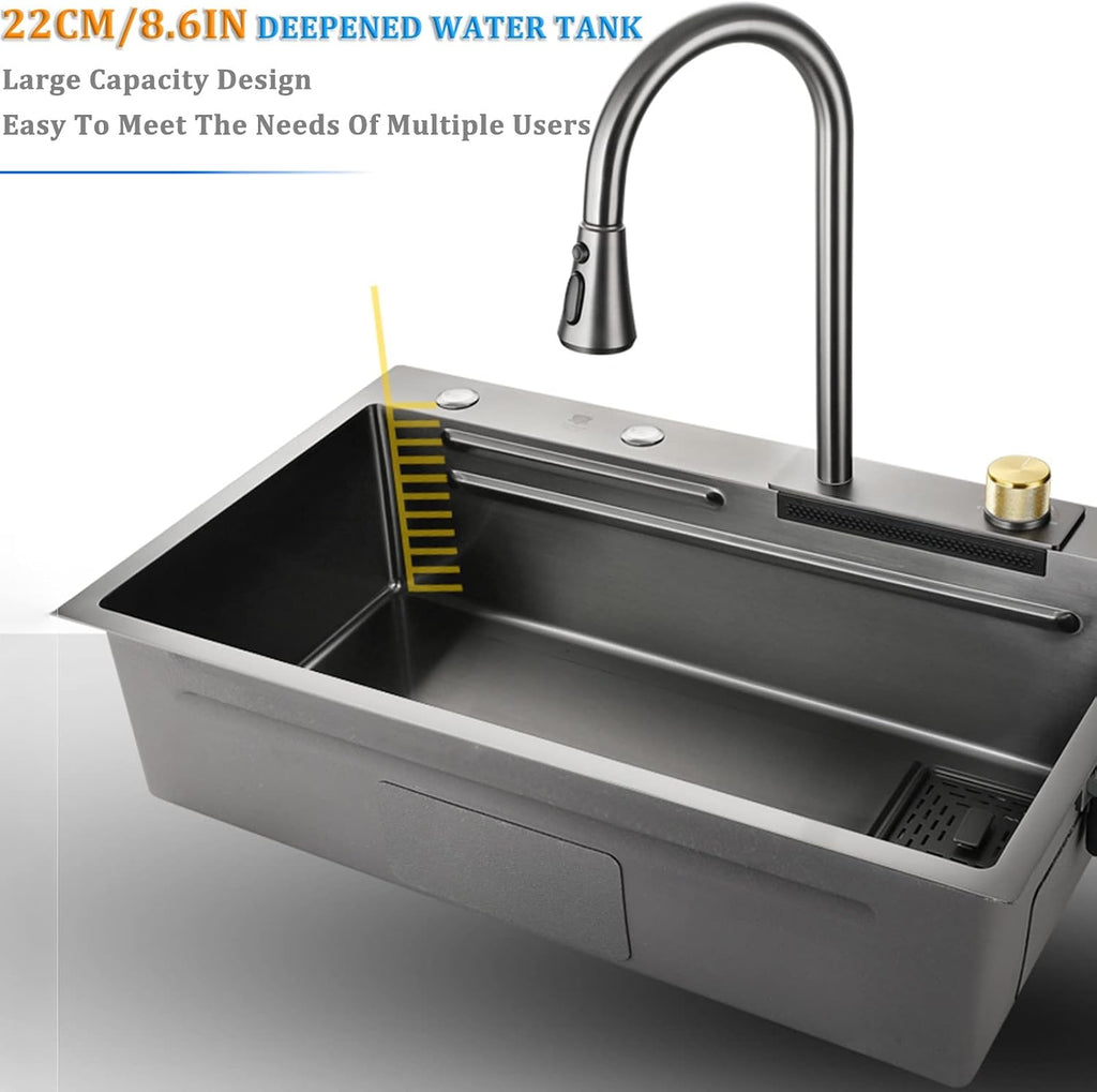 304 Stainless Steel Waterfall Bar Sink Black Single Bowl Kitchen Sink Multi-Function Rv Sink with Pull-Out Faucet and Drainage Cponents Top Mount Or Undermount (Color : Black-B, Size :