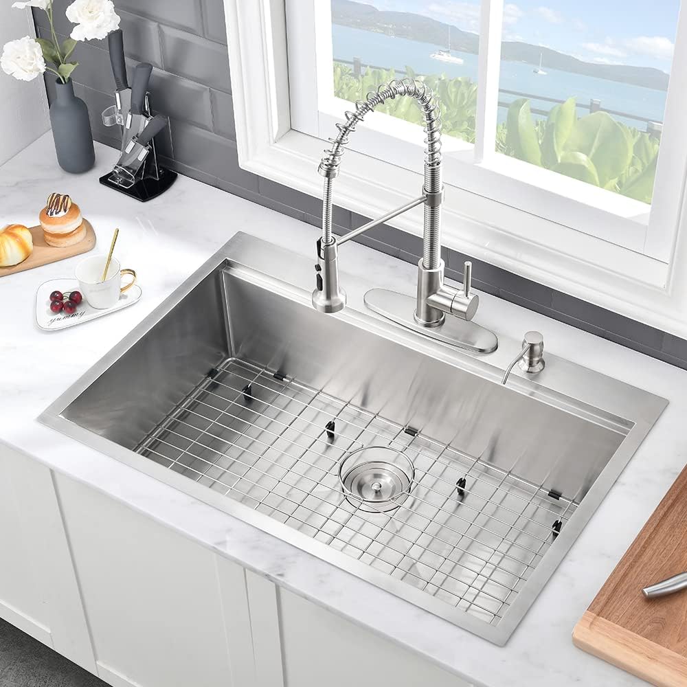 32 Inch Kitchen Sink Drop In Workstation-VASOYO 32x22 Stainless Steel Drop In Kitchen Sink Workstation 16 Gauge Single Bowl Deep Top Mount Sinks Stainless Sinks with Cutting Board