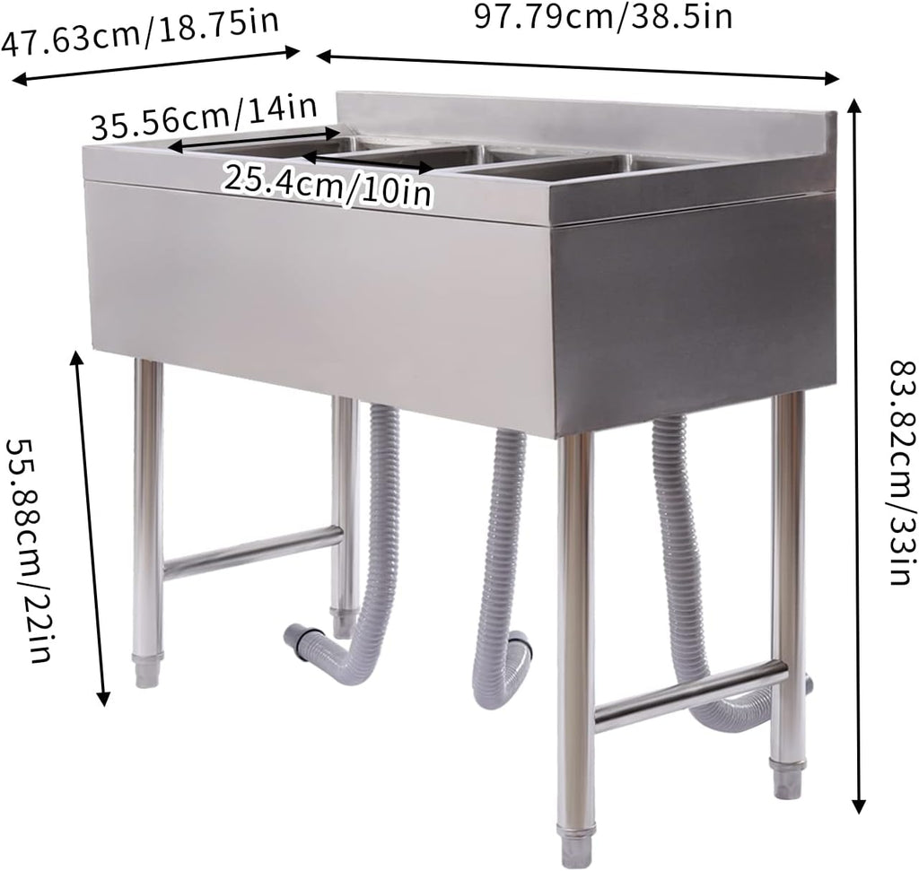 Stainless Steel Utility Sink, Triple Bowl Freestanding Commercial Kitchen Sink, 3 Compartment Washing Hand Basin Utility Sink for Restaurant Garage Laundry, L38.5*W18.8*H33in