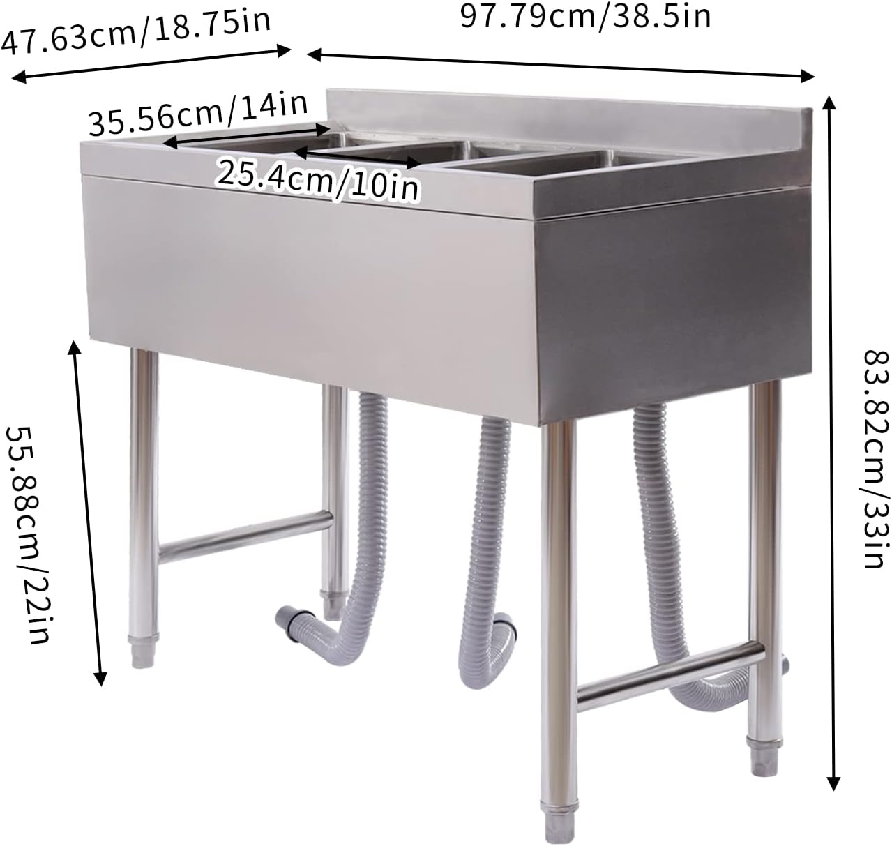 3 Compartment Sink Commercial Restaurants Sink 38.5' x 18.7' Triple Bowl Kitchen Sinks Freestanding Stainless Steel Utility Sink 300Lbs Capacity Bar Sink for Outdoor Restaurants| US STOCK