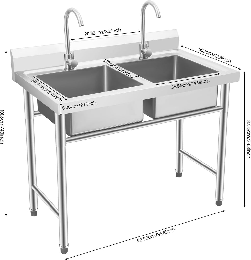 2 Compartment Commercial Kitchen Sink, Stainless Steel Freestanding Double Bowl Utility Sink With 2 360° Rotating Faucet Heavy Duty Portable Double Sink for Kitchen Garage(35.8x21.3x40in)