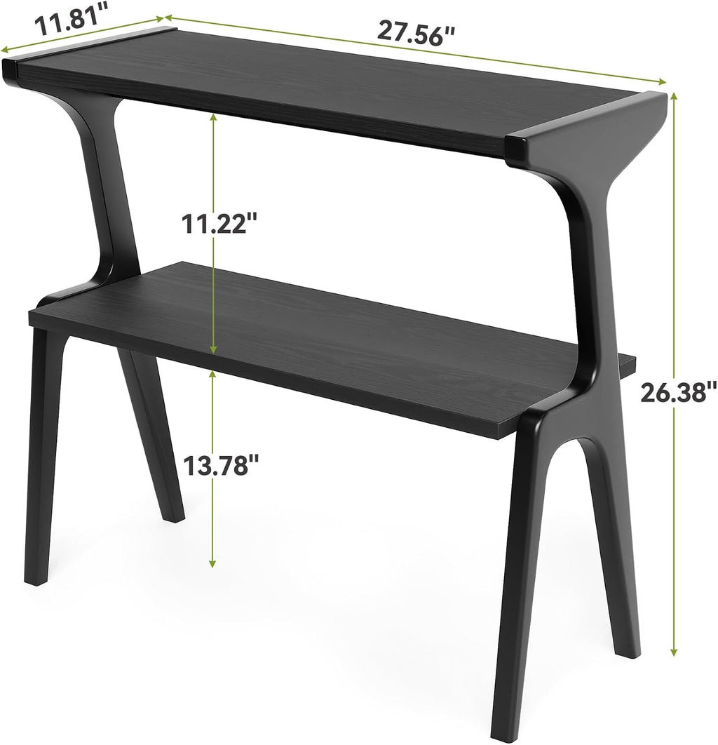 1Easylife Narrow End Table Set of 2, Solid Wood Sofa Side Table with 2-Tier Storage Shelf, Tall Slim Bedside Table Nightstand for Living Room, Bedroom, Black