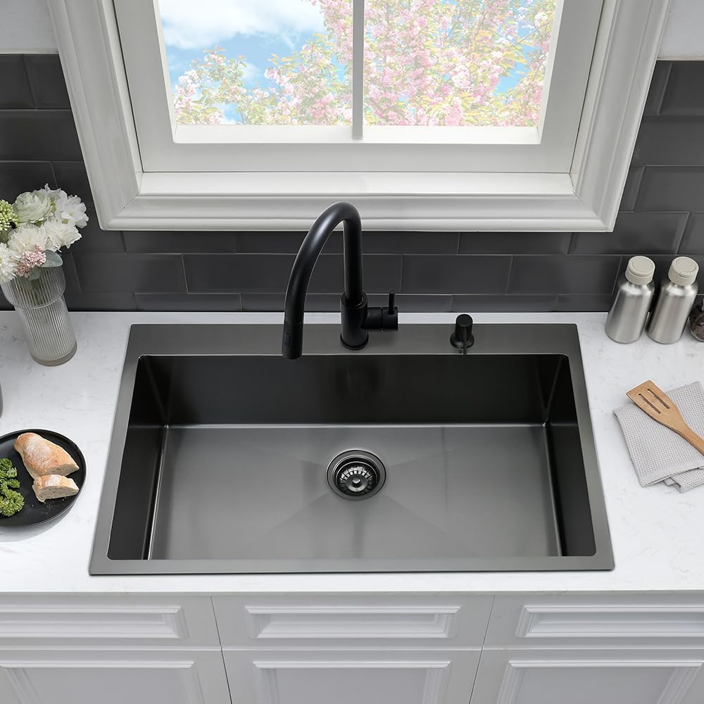 30 Inch Black Kitchen Sink Drop In-VASOYO 30x18 Black Stainless Steel Drop In Kitchen Sink Deep Single Basin Kitchen Sink Top Mount Kitchen Sinks with Faucet Combo