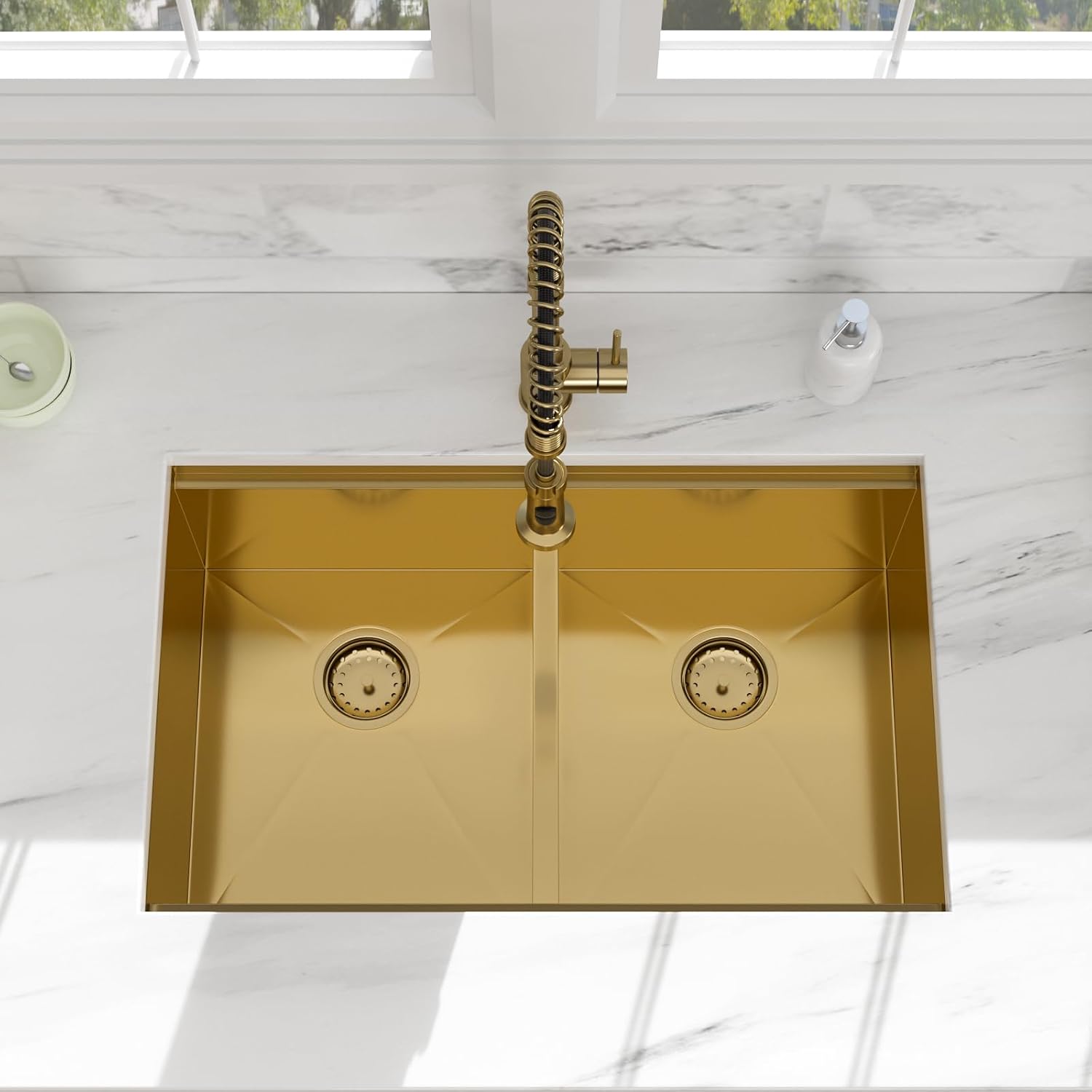 30 Inch Gold Undermount Kitchen Sink, 30x19 50/50 Double Bowl Workstation Sink, 16 Gauge T304 Heavy Duty Stainless Steel Low Divide Golden Kitchen Sink with Gold Accessories