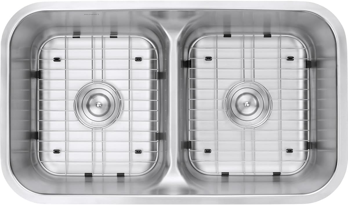 Ruvati 32-inch Undermount Kitchen Sink – 50/50 Double Bowl Kitchen Sinks, 16 Gauge T-304 Stainless Steel Kitchen sink with Brushed Finish hides scratches – RVM4350