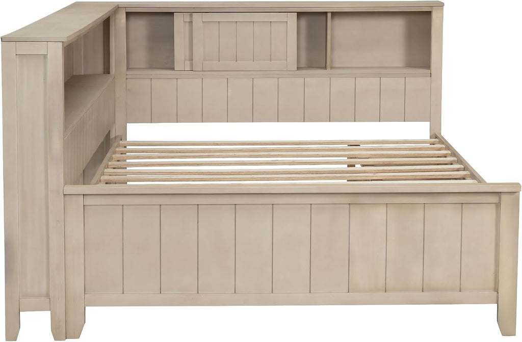 Merax Full Size Corner Bed Frame with 3 Drawers & Storage Shelves & Sliding Doors, Farmhouse Style Wood Platform Bed for Bedroom/Guest Room, No Box Spring Needed