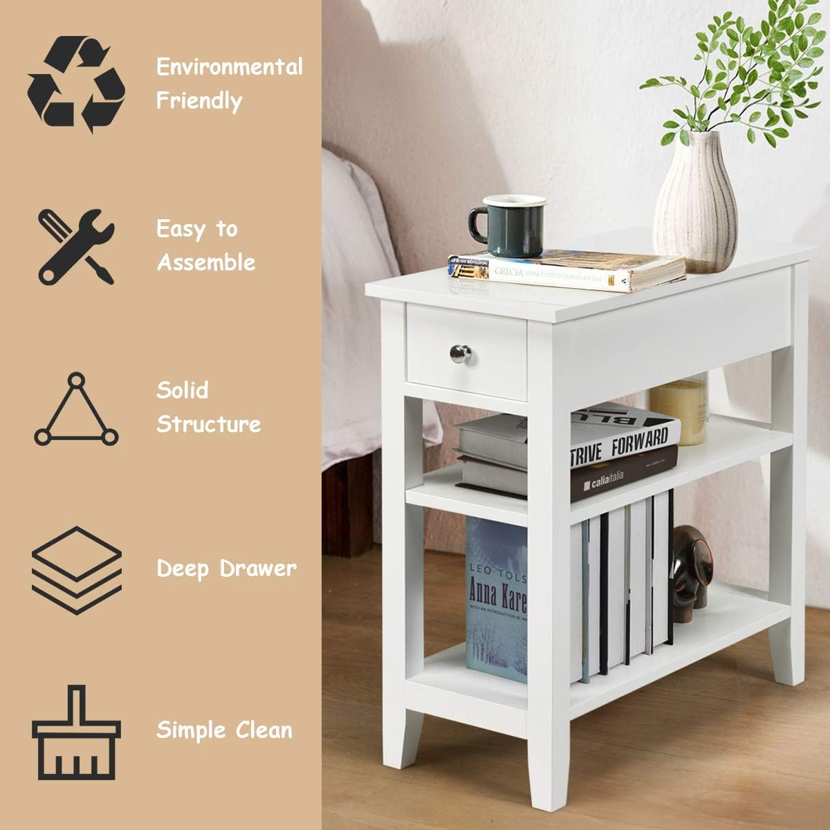 Giantex Narrow End Table Set of 2, Small Side Table with Drawer and Shelf, Wood Accent Sofa Table, Skinny Nightstand for Small Space Living Room Bedroom, White
