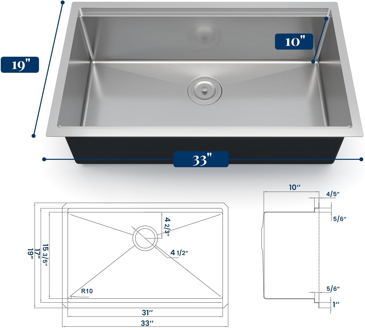 33 x 19 Drop-In Workstation Kitchen Sink – 16 Gauge Stainless Steel Topmount Sink, 10' Deep Undermount Single Bowl & 6 Accessories