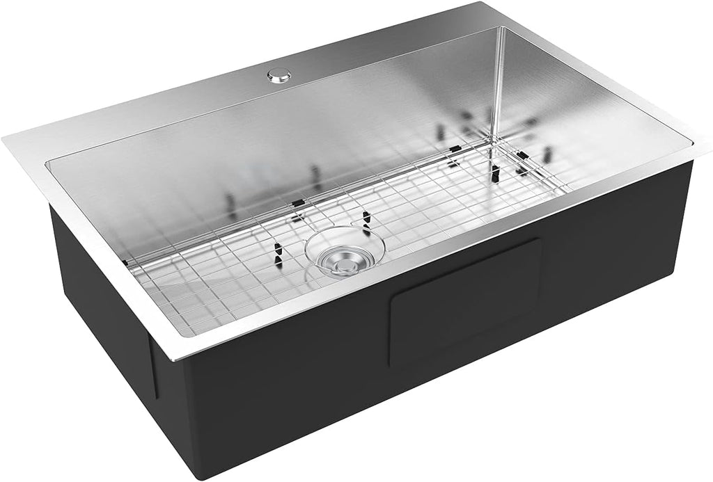Bonnlo 32 Inch Top mount Kitchen Sink Drop-in, Farmhouse Kitchen Sink with Sink Protector 18 Gauge, Workstation Sink, 304 Stainless Steel Single Bowl Sinks for RV, Travel Trailer, Garage, 32x22x9