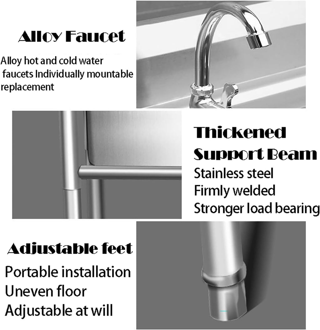 Free Standing Stainless-Steel Single Bowl Restaurant Kitchen Sink Set W/Hot And Cold Water Faucets Commercial Utility Sink,Commerical, Outdoor, Garage, Laundry Room Use,Single sink,50 * 50