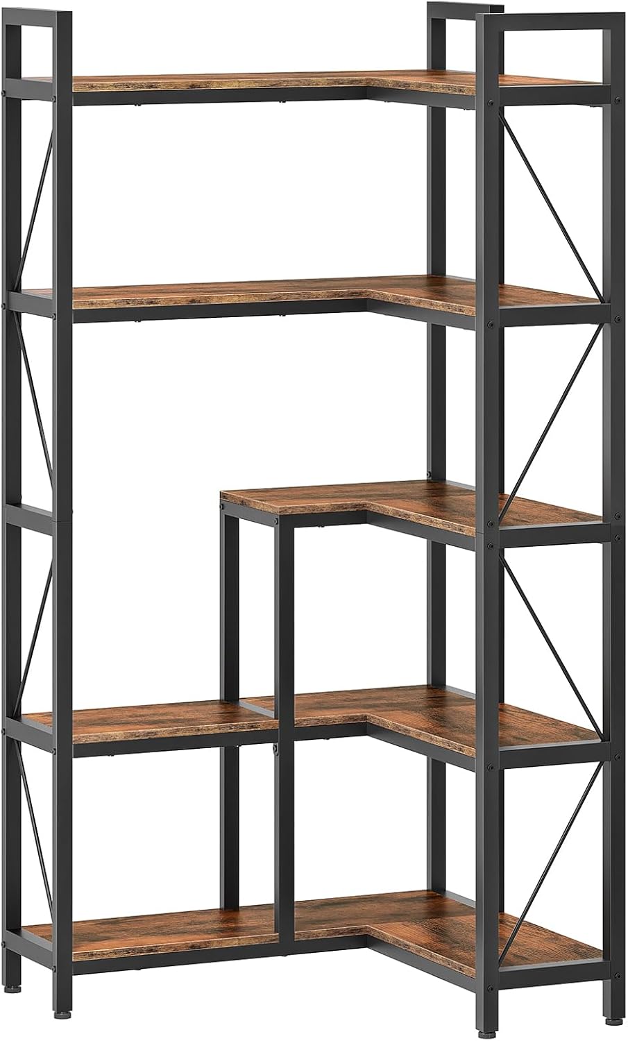 CHOEZON 5-Tier Corner Bookshelf, 65.5'' Tall L-Shaped Bookcase, Corner Storage Stand with Metal Frame, Display Storage Rack, for Living Room, Home Office, Bedroom, Rustic Brown TSJ12BF