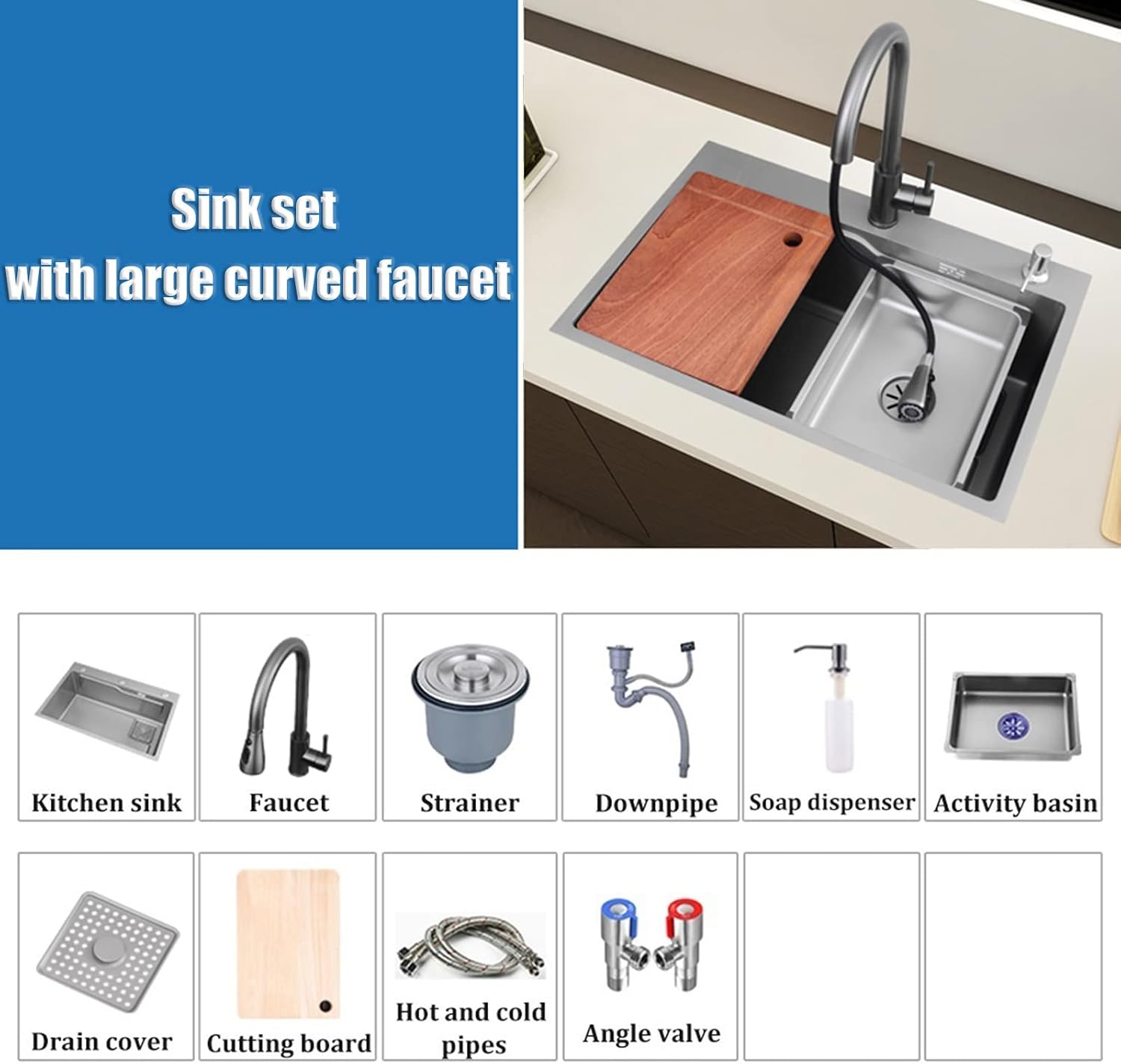 KITCHEN SINK 304 Stainless Steel Bar Prep Sink Drop in Or Undermount Single Bowl with Pull-Out Tap and Drainage Components for Courtyard Office Laundry Trough (Color : A, Size : 68x45x22cm) (A 68