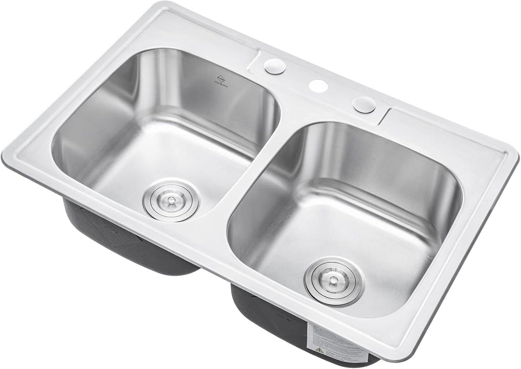 CozyBlock 33 x 22 x 9 Inch 50/50 Top-mount/Drop-in Stainless Steel Double Bowl Kitchen Sink with Strainer - 18 Gauge Stainless Steel-3 Faucet Hole