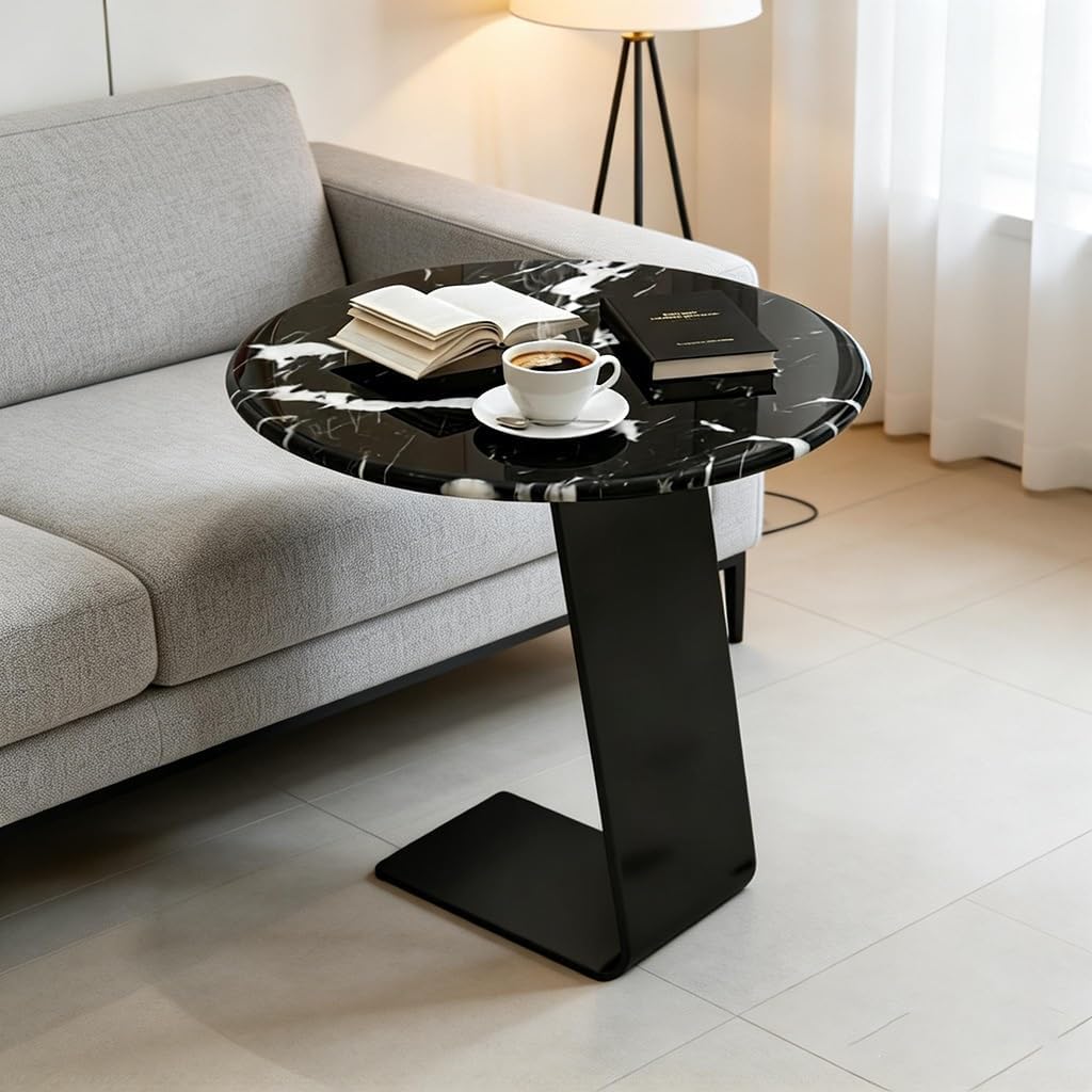 25.5-Inch High C-Shaped End Table with Marble Top & Black Metal Frame, Modern Space-Saving Sofa Side Table for Living Room, Bedroom, Small Spaces(C)
